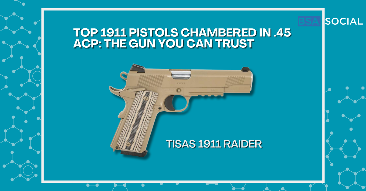 Tisas 1911 Raider pistol chambered in .45 ACP on a blue background