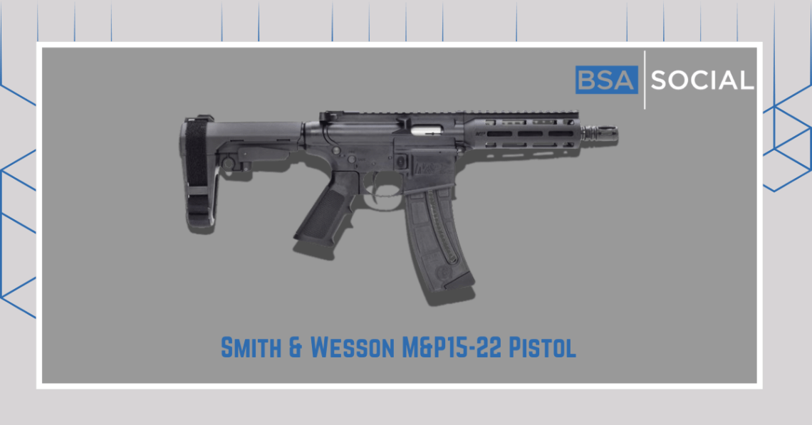 Smith & Wesson M&P15-22 Pistol displayed against a gray background with the BSA Social logo.
