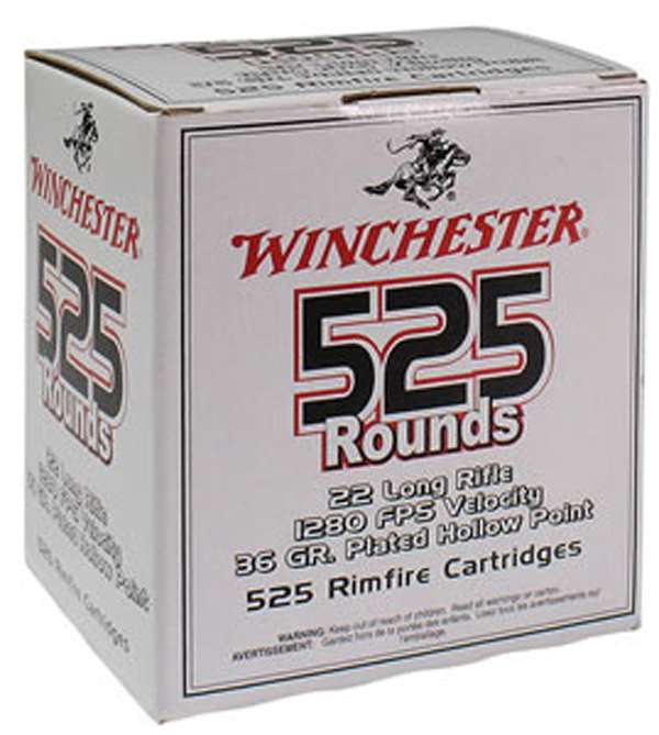 Winchester Ammo 22LR525HP USA  22 LR 36 gr Copper Plated Hollow Point (CPHP) 525 Can/ 10 Cs