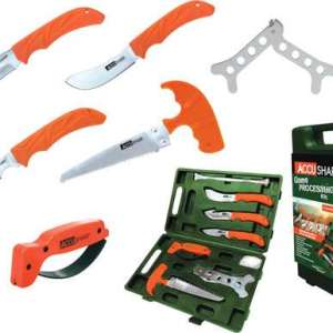 Accusharp 728C Game Processing Kit Butcher/Caper/Gut-Hook/Bone Saw/Ribcage Spreader Stainless Steel FRN Orange Handle