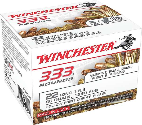 Winchester Ammo 22LR333HP USA  22 LR 36 gr Copper Plated Hollow Point (CPHP) 333 Can/ 10 Cs