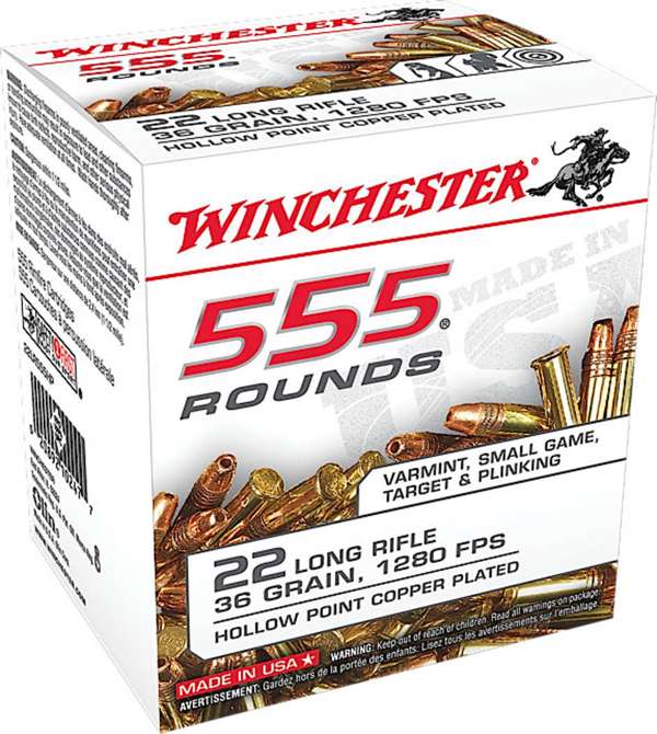 Winchester Ammo 22LR555HP USA  22 LR 36 gr Copper Plated Hollow Point (CPHP) 555 Can/ 10 Cs