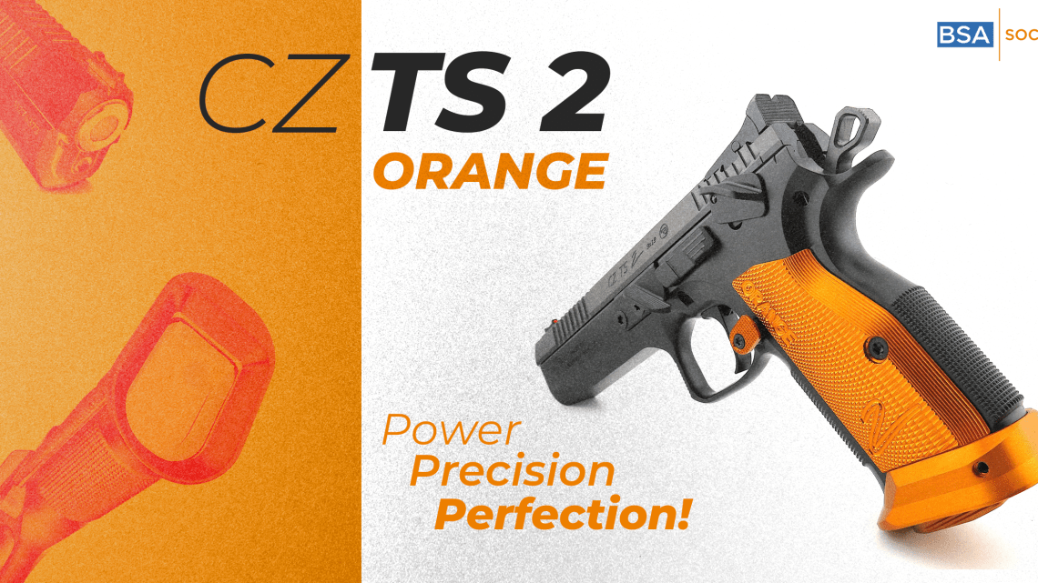 CZ TS 2 Orange pistol displayed at an angle, featuring a black and orange design with precision detailing, set against a gradient orange and white background