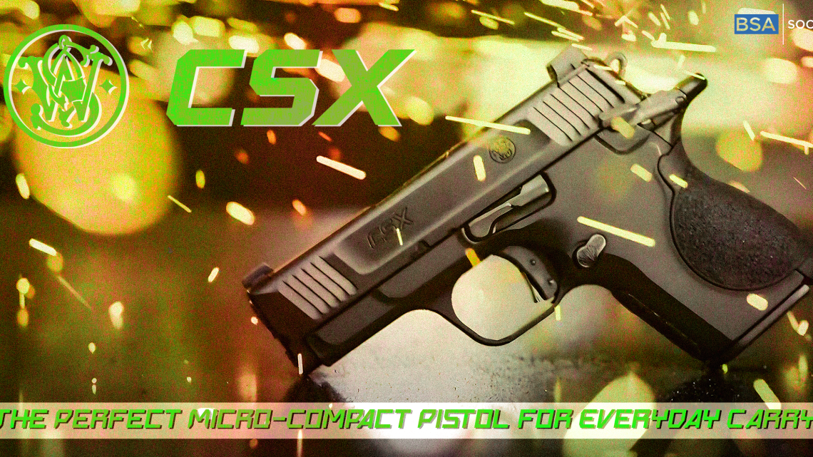 Smith & Wesson CSX micro-compact pistol with a sleek black design, set against a background of glowing sparks