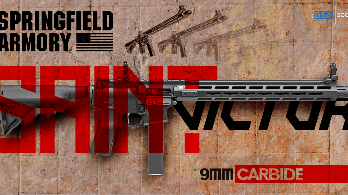 Image of the Springfield Armory SAINT Victor 9mm Carbine displayed on a rugged background with bold red and black text. The firearm features a sleek, modern design with a lightweight handguard and adjustable stock. The Springfield Armory logo is prominently shown at the top left