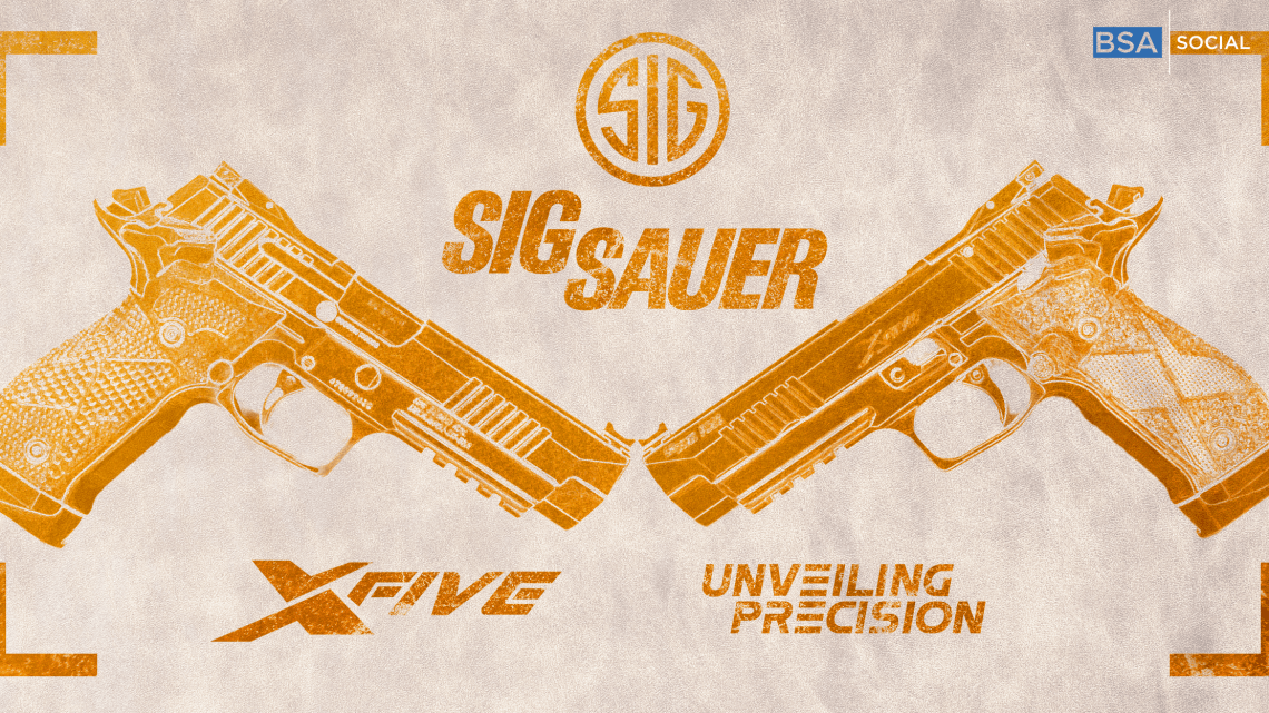 Two SIG Sauer P226 X-Five pistols facing each other, showcased in an artistic orange-tinted design with the SIG Sauer logo at the top. Text reads "Unveiling Precision" and "XFive" at the bottom