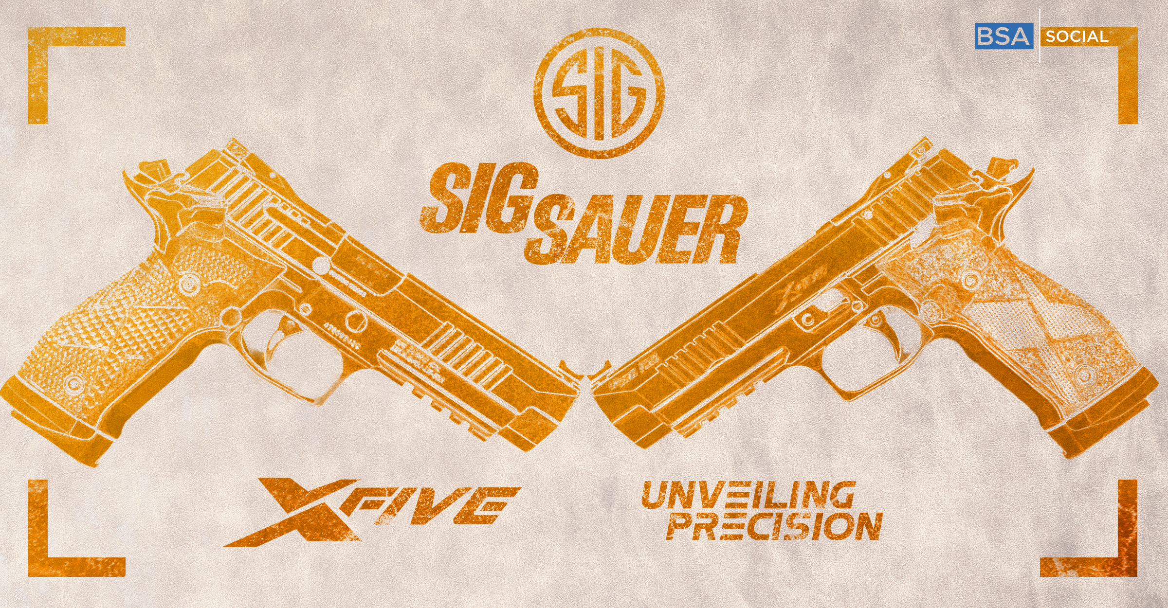 Two SIG Sauer P226 X-Five pistols facing each other, showcased in an artistic orange-tinted design with the SIG Sauer logo at the top. Text reads "Unveiling Precision" and "XFive" at the bottom