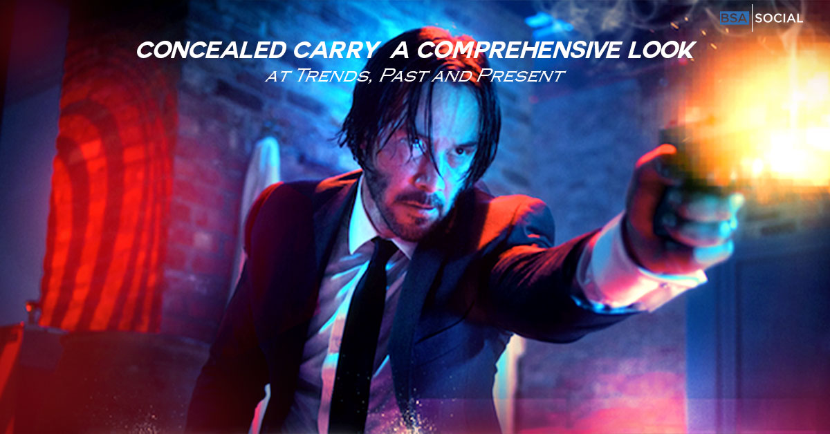 A man in a suit with long hair fires a handgun in a dimly lit, action-packed scene with red and blue lighting. The text overlay reads, "Concealed Carry: A Comprehensive Look at Trends, Past and Present.