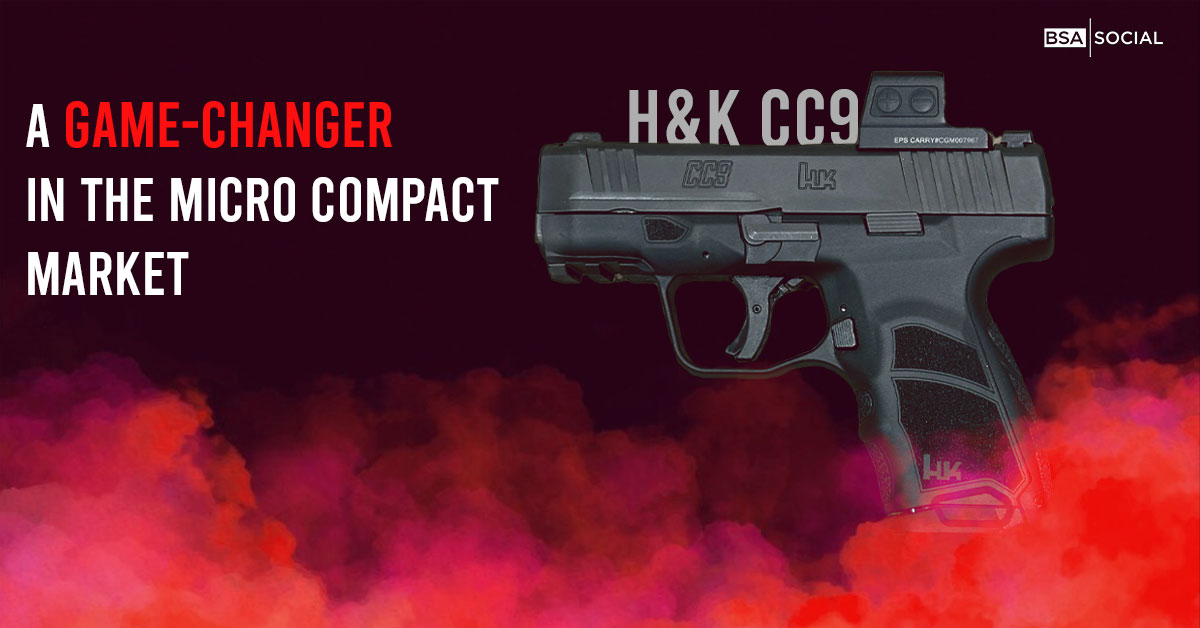 H&K CC9 micro-compact handgun with a red smoke background and bold text highlighting its game-changing features