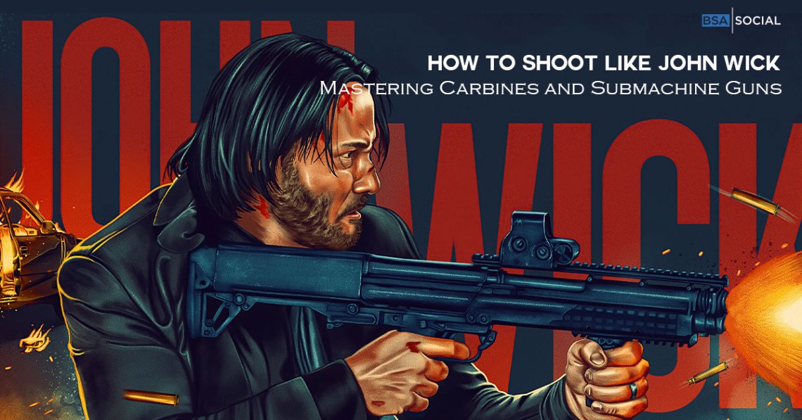 Stylized digital artwork of a rugged man with long hair and a beard, holding a tactical firearm in a combat-ready stance. The background features bold red text spelling "JOHN WICK," with bullet casings and muzzle flash indicating intense action. The title overlay reads, "How to Shoot Like John Wick – Mastering Carbines and Submachine Guns."