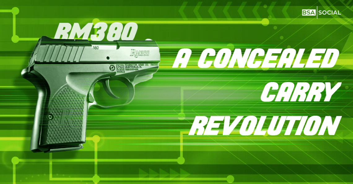 Remington RM380 pistol with a green futuristic background and bold white text promoting it as a concealed carry revolution