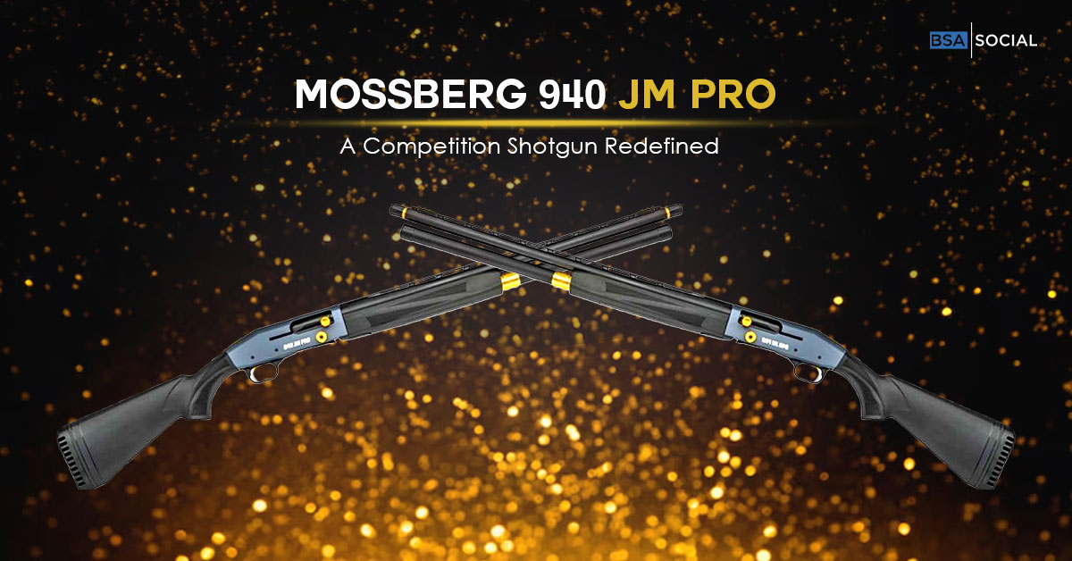 Two Mossberg 940 JM Pro shotguns cross over a gold sparkled background with the tagline 'A Competition Shotgun Redefined.
